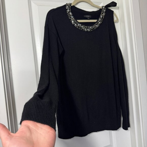 Halogen Women's Black Cold Shoulder Rhinestone Viscose Cashmere Blend Sweater M - Picture 5 of 13